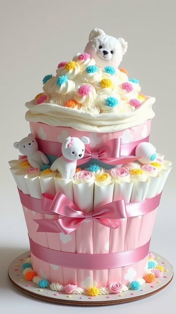 25 Creative Valentine Diaper Cakes A cupcake inspired diaper cake with pastel colors and teddy bears on top.