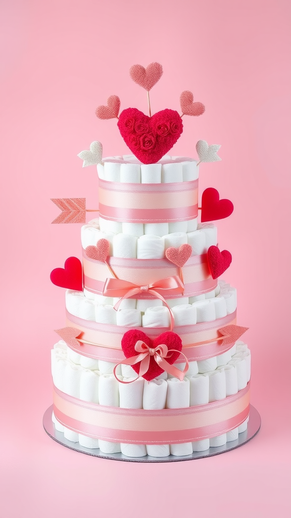 25 Creative Valentine Diaper Cakes A cute Cupid's Arrow Diaper Cake with pink and red decorations, featuring hearts and ribbons.