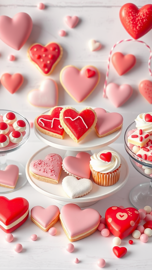 25 Lovely Valentine Baby Shower Ideas You’ll Love A colorful dessert display featuring heart-shaped cookies, cupcakes, and candies, themed for a Valentine's celebration. Valentine Baby Shower Ideas