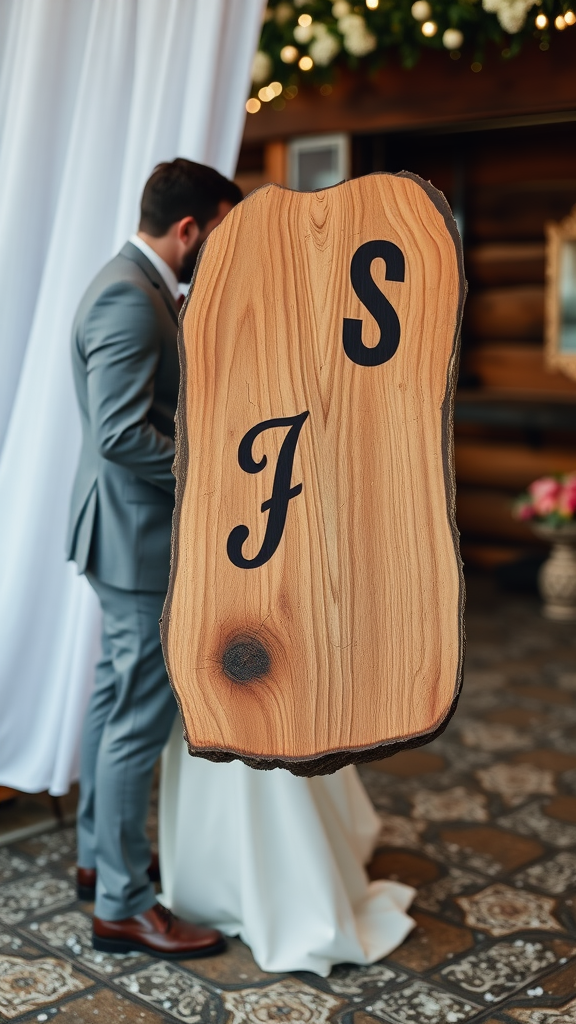 15 Creative Cowboy Wedding Entrance Ideas to Wow Your Guests A wooden sign with initials 'J' and 'S' stands in the foreground, while a couple is seen in the background during a custom branding iron ceremony. Cowboy Wedding Entrance