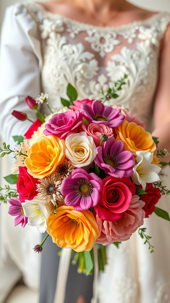 25 Cowboy Wedding Flowers That Will Make Planning a Breeze! A vibrant wedding bouquet featuring roses, ranunculus, and anemones held by a bride. Cowboy Wedding Flowers