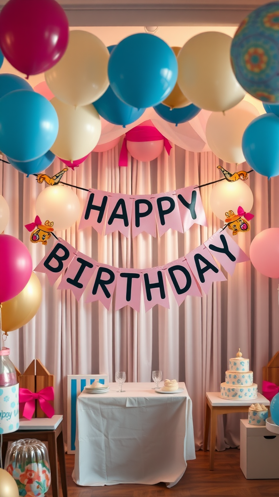 25 Adorable Ideas for a Boho Themed 1st Birthday Party for Girls Colorful birthday setup with a banner and balloons