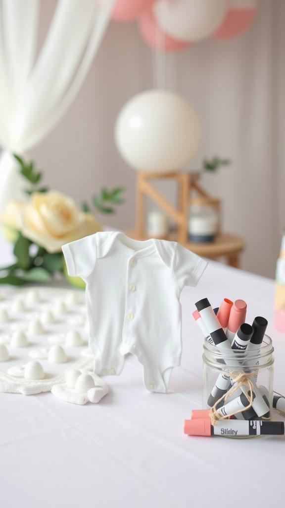 25 Sweet Winter Baby Shower Ideas to Warm Your Celebration A white baby onesie on a table with colorful markers and decorative elements, set for a baby shower.
