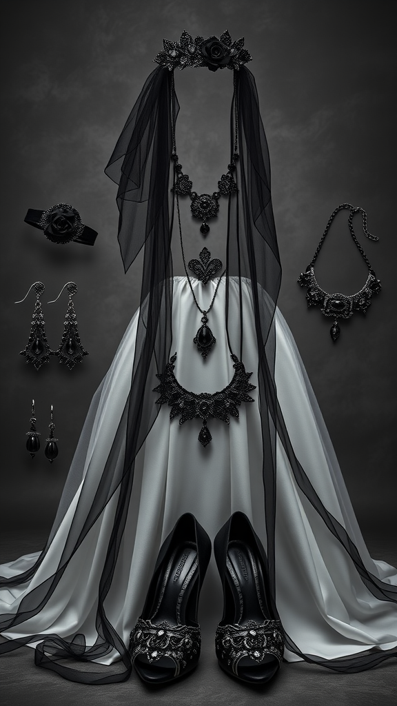25 Enchanting Dark Romantic Wedding Ideas You’ll Love A collection of dark-themed bridal accessories including a wedding gown, veil, jewelry, and shoes, set against a dark background.