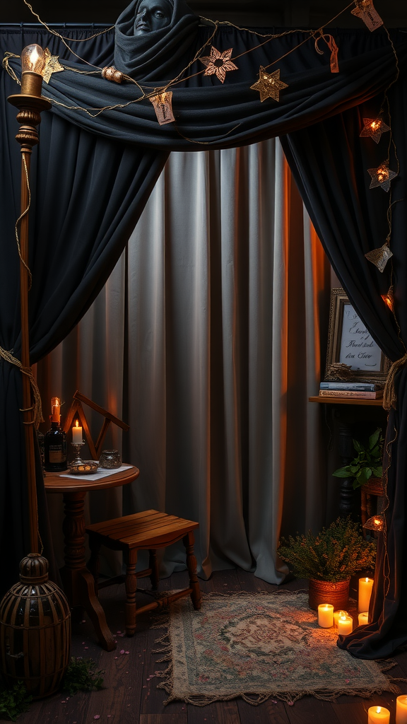 25 Enchanting Dark Romantic Wedding Ideas You’ll Love A dark and whimsical photo booth with black drapes, golden stars, a statue, candles, and a wooden table creating a magical atmosphere.
