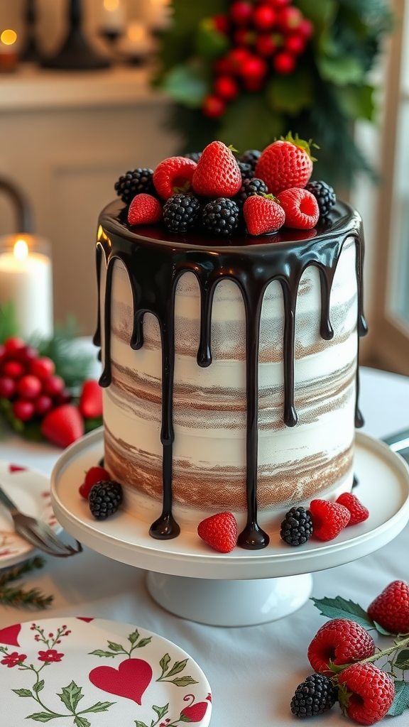 20 Enchanting Christmas Wedding Cake Ideas A beautifully decorated cake with dark chocolate ganache and fresh berries on top.