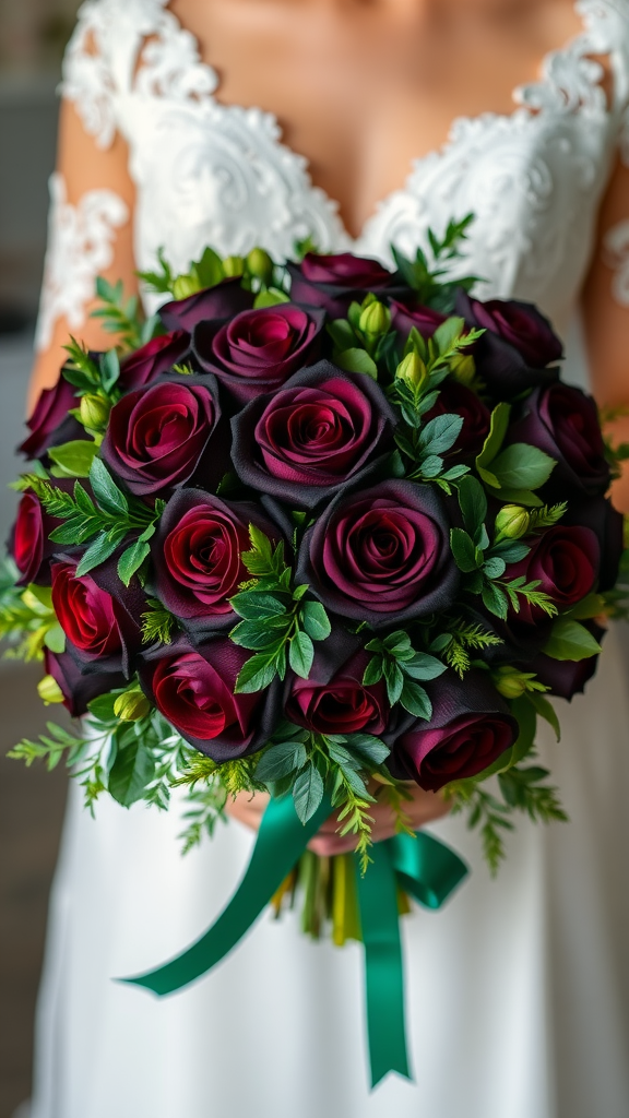 20 Enchanting Dark Romantic Wedding in Emerald Green Ideas A beautiful dark floral bouquet featuring burgundy roses and lush greenery, tied with an emerald green ribbon.