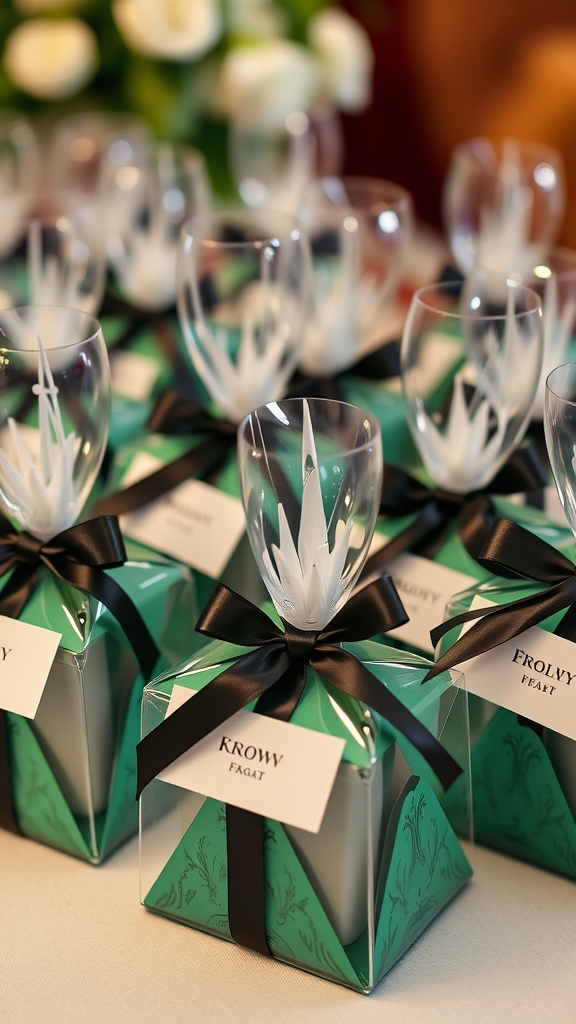 20 Enchanting Dark Romantic Wedding in Emerald Green Ideas Elegant emerald green wedding favors with black ribbons and glassware.