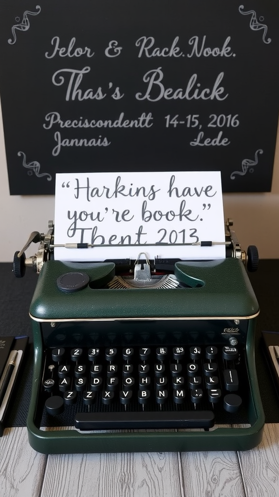 25 Enchanting Dark Romantic Wedding Ideas You’ll Love A vintage green typewriter with a quote on paper, on a table with a decorative sign