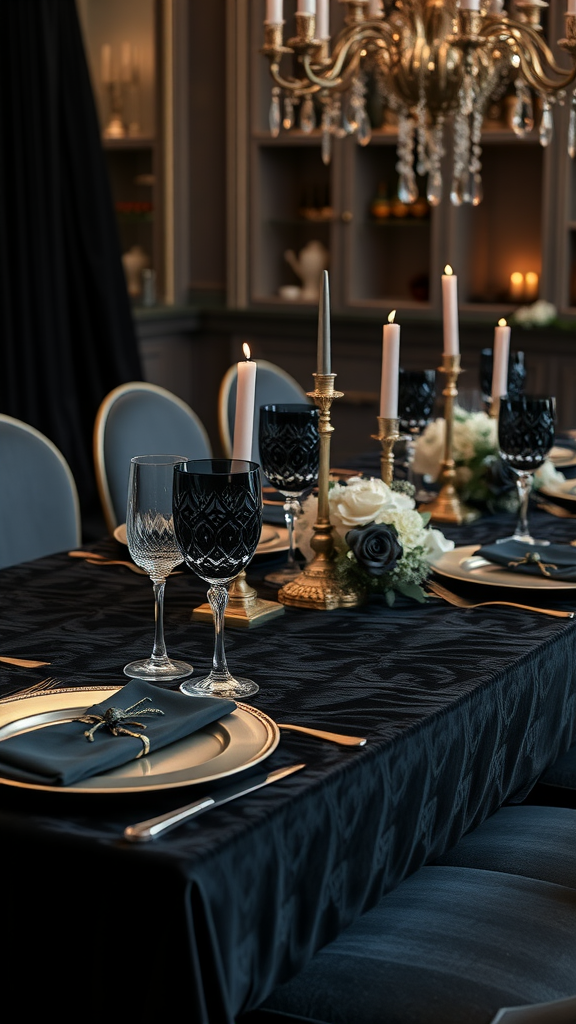 25 Enchanting Dark Romantic Wedding Ideas You’ll Love A beautifully arranged dark velvet table setting with black glassware, gold accents, and candles.