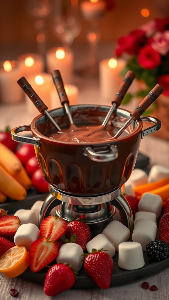 15 Romantic Valentine Lunch Ideas Chocolate fondue pot surrounded by fresh fruits and marshmallows, with candles in the background. Valentine Lunch