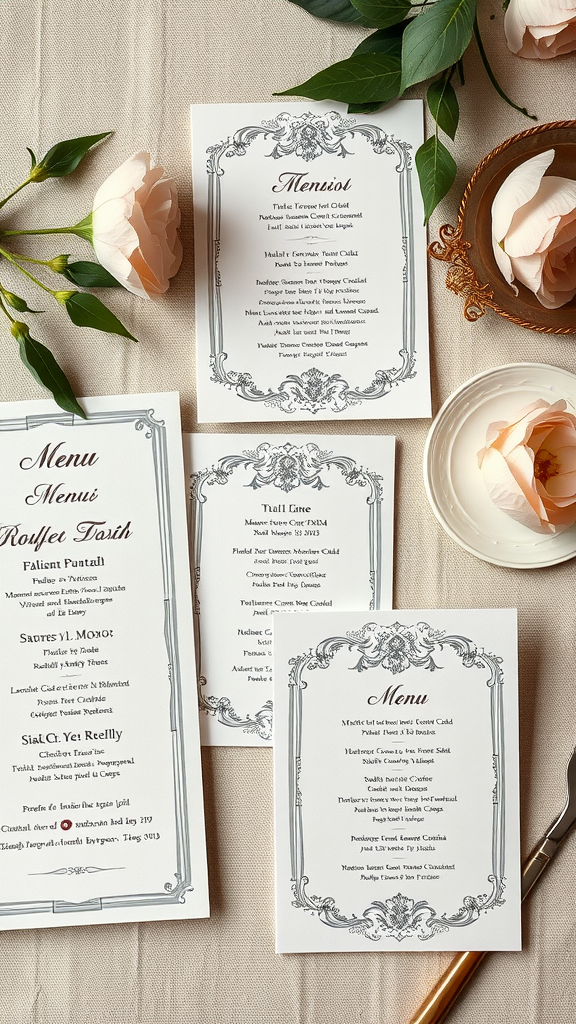 35 Rococo Wedding Inspiration Ideas That Will Make Your Heart Skip a Beat (Don't Miss #10!) Elegant Rococo wedding stationery including menus and place cards