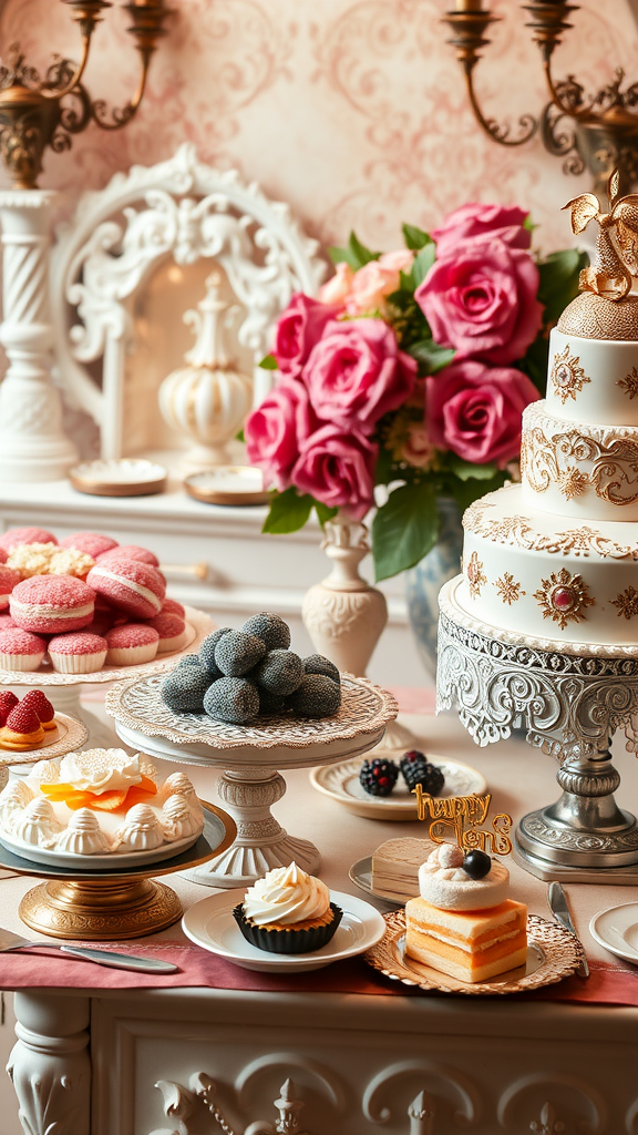 35 Stunning Ideas for a Rococo Party A beautifully arranged dessert table featuring an ornate cake, macarons, chocolates, and fresh fruit desserts, with pink roses in the background.