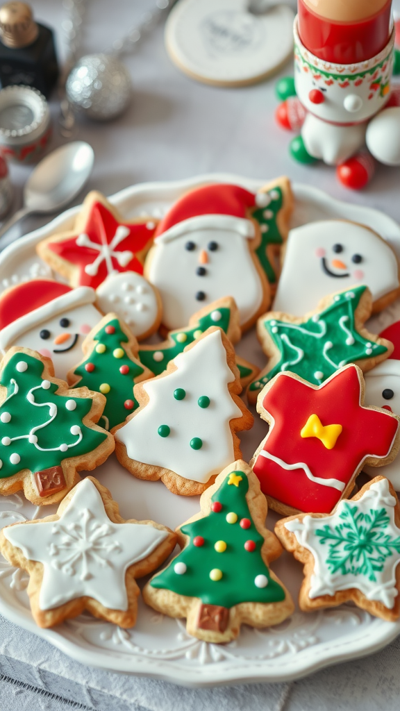 25 Sweet Winter Baby Shower Ideas to Warm Your Celebration A plate of beautifully decorated holiday-themed cookies, including snowmen, Christmas trees, and stars.