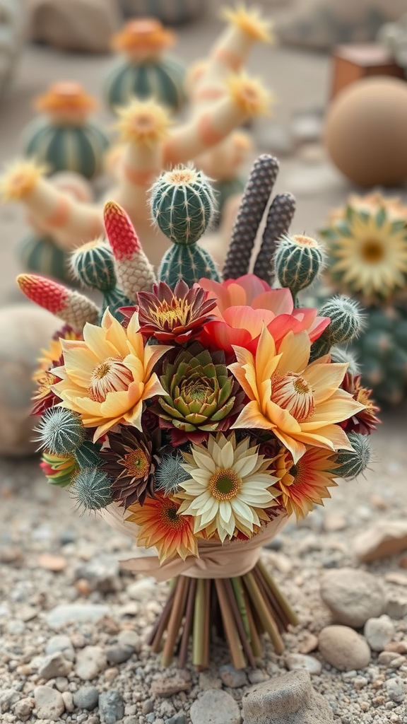 35 Stunning Earth Tone Wedding Bouquets for Your Dream Celebration A vibrant earth tone wedding bouquet featuring cacti and colorful flowers, inspired by desert landscapes.