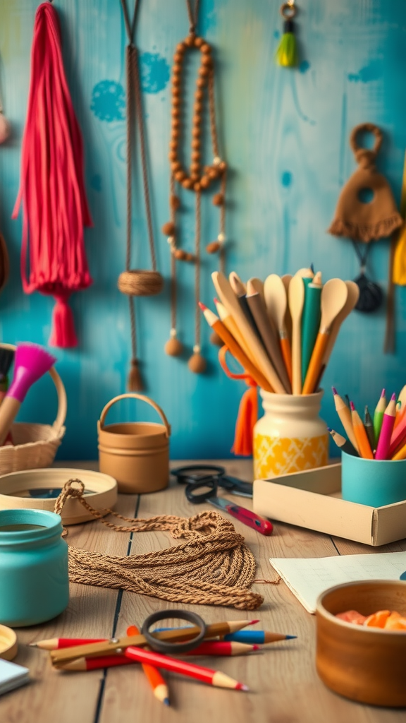 25 Creative Ideas for a Boho 50th Birthday Party Celebration A vibrant DIY craft station with colorful supplies like yarn, pencils, and scissors on a wooden table.