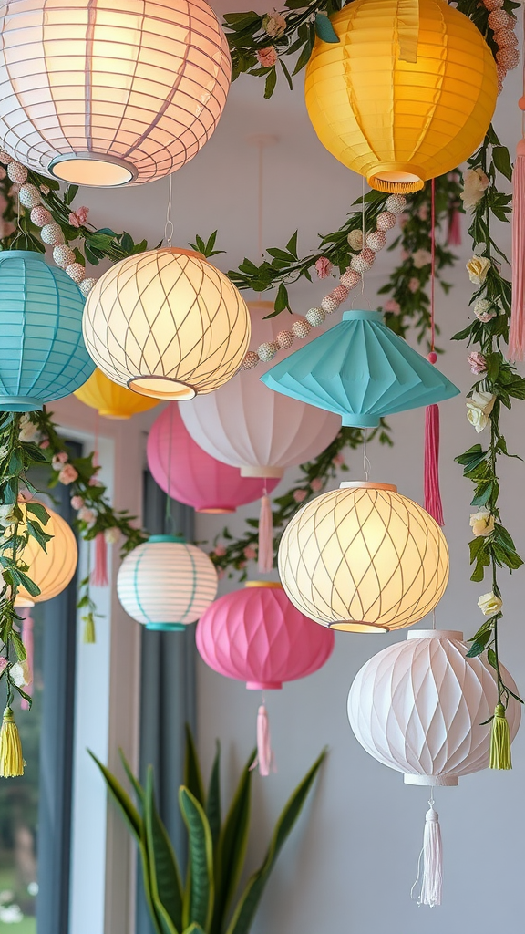 25 Must-Have Items for the Perfect Nesting Party Colorful lanterns hanging from the ceiling, creating a vibrant atmosphere
