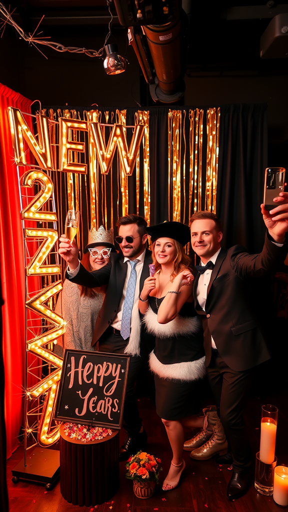 20 Exciting adults New Year's Eve Party Ideas A festive DIY photo booth setup for a New Year's Eve party, featuring props, drinks, and decorations. adults New Year's Eve Party Ideas