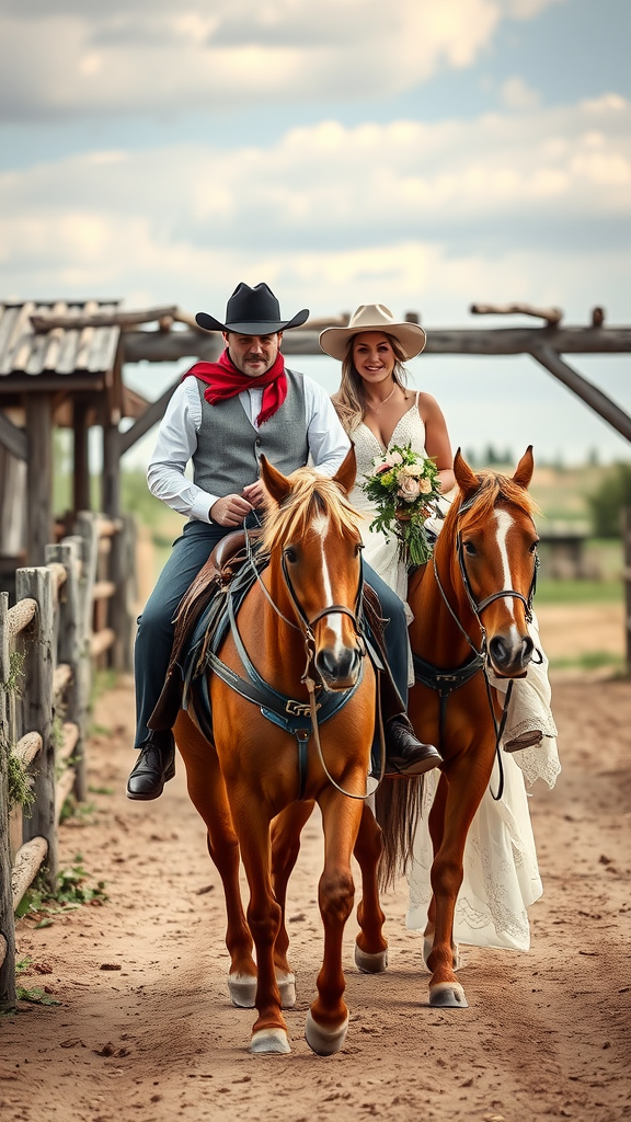 15 Creative Cowboy Wedding Entrance Ideas to Wow Your Guests A couple arriving on horseback for a wedding, with the groom in cowboy attire and the bride in a white dress, both looking happy.
