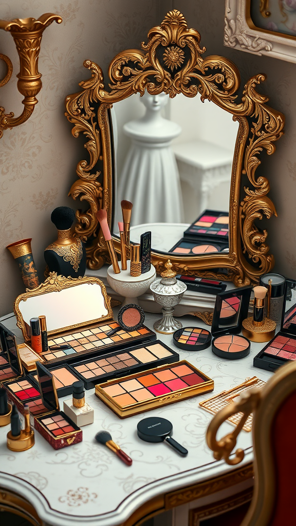 35 Stunning Ideas for a Rococo Party A luxurious makeup setup featuring ornate mirrors and colorful palettes, ideal for creating dramatic looks for a Rococo Party.