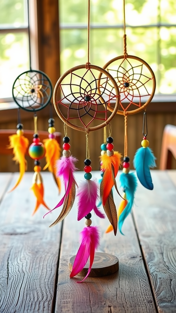 25 Adorable Ideas for a Boho Themed 1st Birthday Party for Girls Colorful dreamcatchers with feathers and beads hanging as centerpieces on a wooden table.