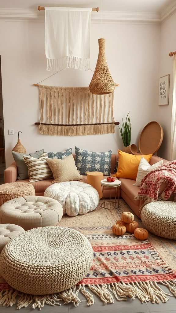 25 Creative Ideas for a Boho 50th Birthday Party Celebration A cozy lounge area with poufs, cushions, and boho decor