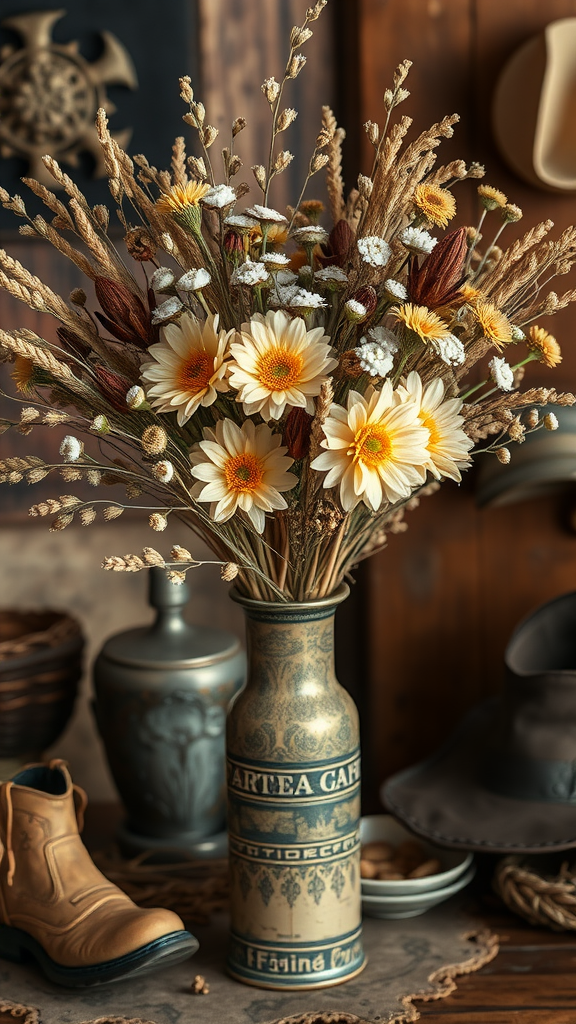 25 Cowboy Wedding Flowers That Will Make Planning a Breeze! A beautiful dried floral arrangement in a rustic vase with yellow flowers and dried grass.