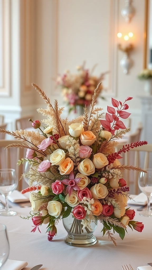 25 Adorable Ideas for a Boho Themed 1st Birthday Party for Girls A beautiful bouquet of dried flowers featuring roses and grasses in a decorative vase.
