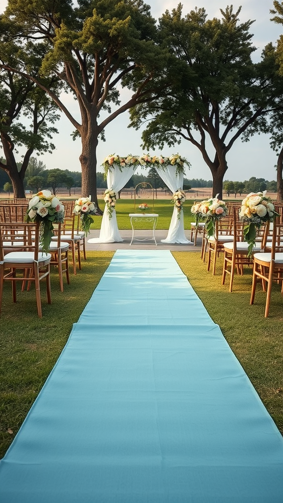 20 Beautiful Dusty Blue Wedding Ideas to Inspire Your Big Day A wedding setup featuring a dusty blue aisle runner, wooden chairs, and floral decorations.