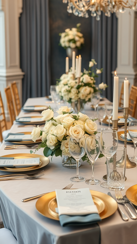 20 Beautiful Dusty Blue Wedding Ideas to Inspire Your Big Day Elegant table setting featuring dusty blue and gold colors with flowers and candles