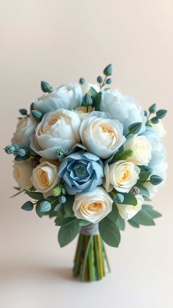 20 Beautiful Dusty Blue Wedding Ideas to Inspire Your Big Day A beautiful dusty blue bridal bouquet featuring roses and a succulent, arranged with green foliage.