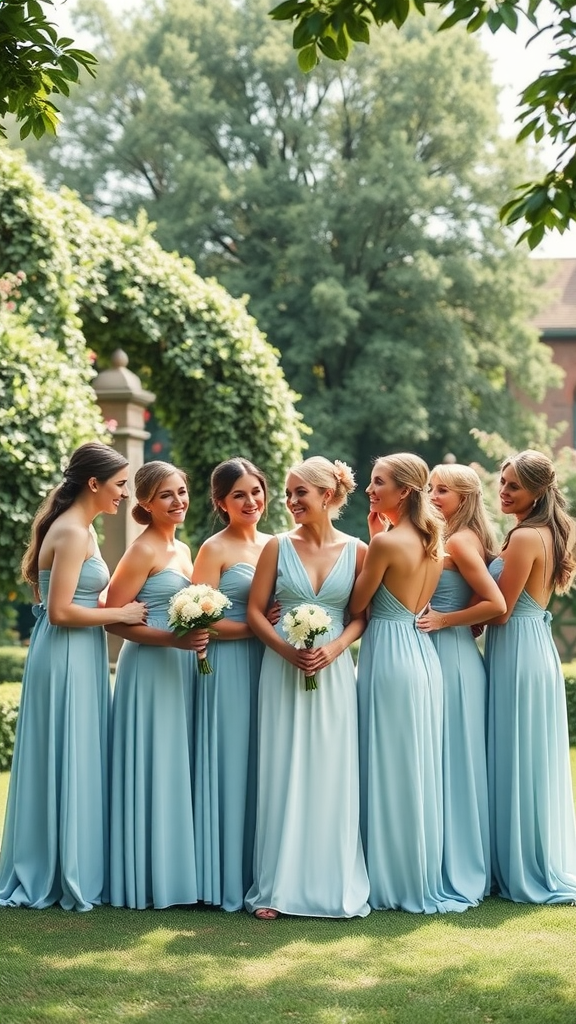 20 Beautiful Dusty Blue Wedding Ideas to Inspire Your Big Day Group of bridesmaids in dusty blue dresses with floral bouquets in a garden setting