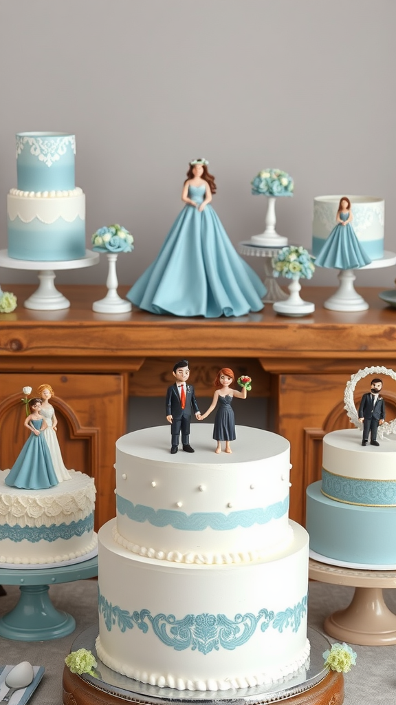 20 Beautiful Dusty Blue Wedding Ideas to Inspire Your Big Day Display of multiple wedding cakes with dusty blue cake toppers and figurines
