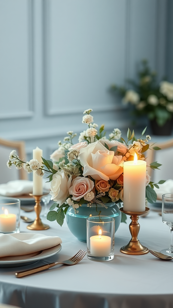 20 Beautiful Dusty Blue Wedding Ideas to Inspire Your Big Day Elegant dusty blue floral centerpiece with candles on a dining table.