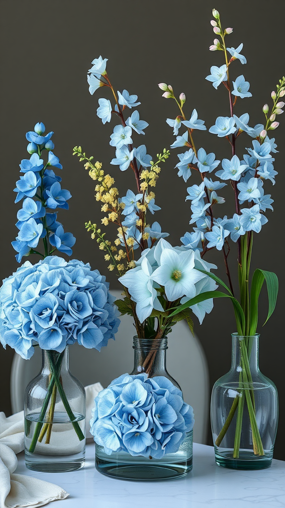 20 Beautiful Dusty Blue Wedding Ideas to Inspire Your Big Day A collection of dusty blue flowers in glass vases, including hydrangeas and orchids, arranged beautifully on a table.