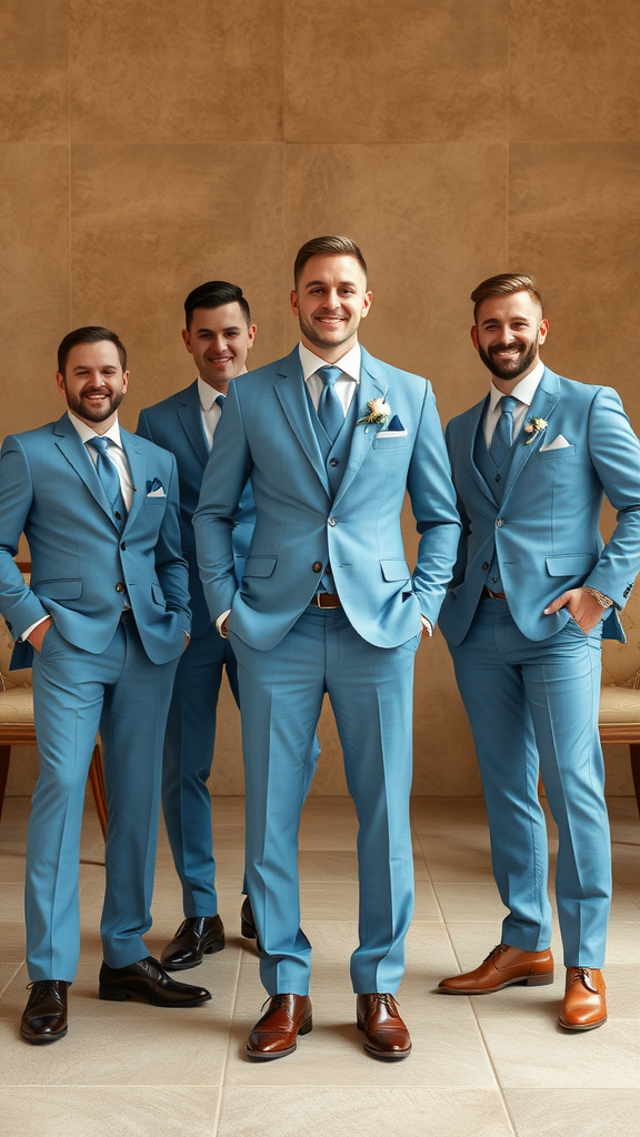 20 Beautiful Dusty Blue Wedding Ideas to Inspire Your Big Day Group of groomsmen in dusty blue suits, standing together.