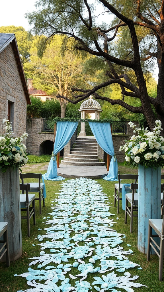 20 Beautiful Dusty Blue Wedding Ideas to Inspire Your Big Day Dusty blue outdoor wedding ceremony setup with floral decorations and drapes
