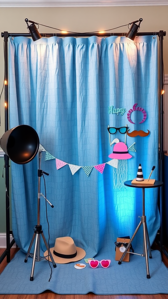 20 Beautiful Dusty Blue Wedding Ideas to Inspire Your Big Day A dusty blue photo booth backdrop with fun props like hats, glasses, and string lights.