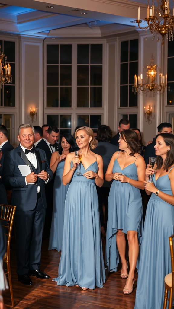 20 Beautiful Dusty Blue Wedding Ideas to Inspire Your Big Day Women wearing dusty blue dresses at a reception, with a man in a tuxedo.
