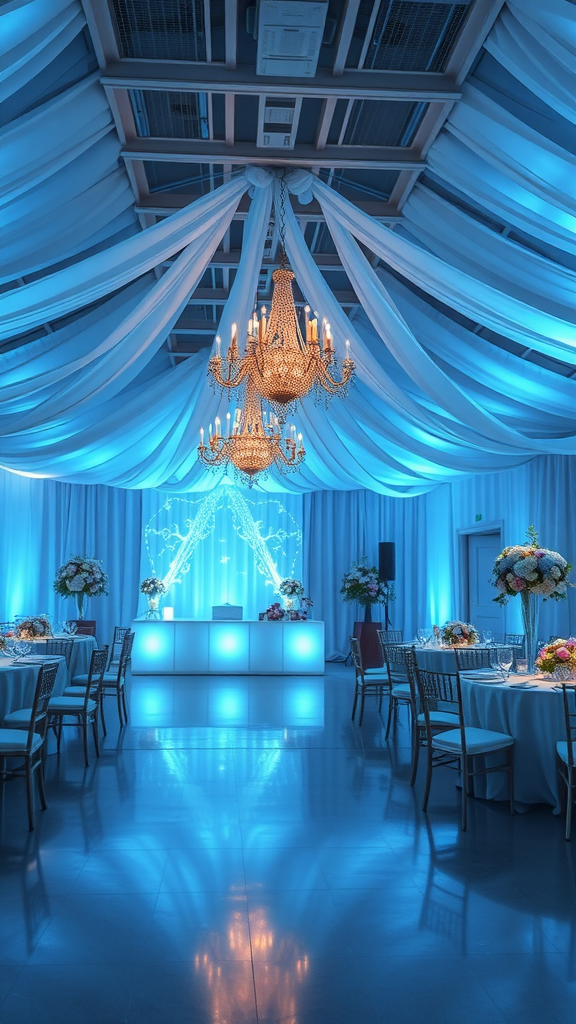 20 Beautiful Dusty Blue Wedding Ideas to Inspire Your Big Day A beautifully lit reception area featuring dusty blue lighting, elegant chandeliers, and floral centerpieces.