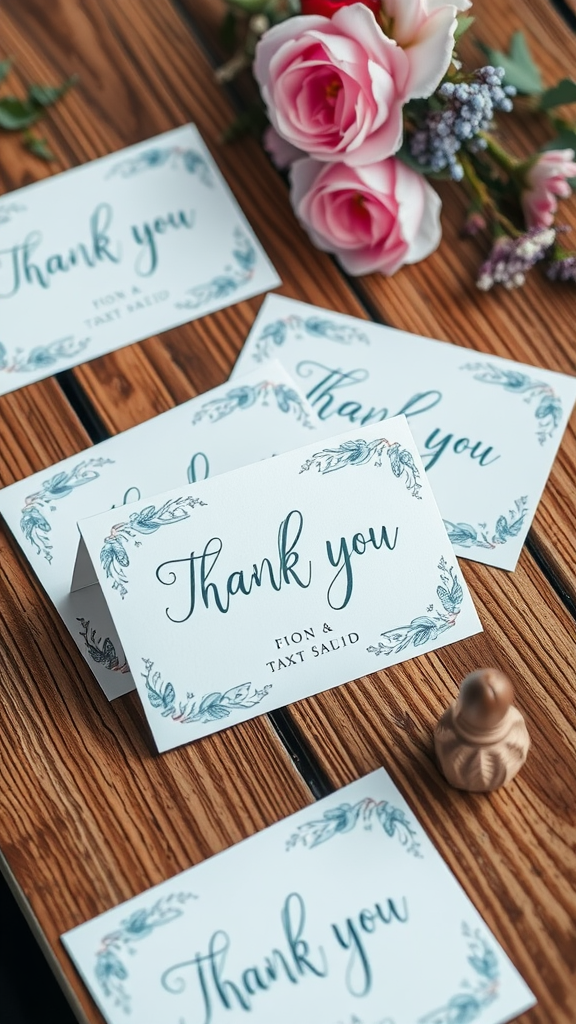 20 Beautiful Dusty Blue Wedding Ideas to Inspire Your Big Day Dusty blue thank you cards with floral accents, surrounded by pink roses and a wooden table.