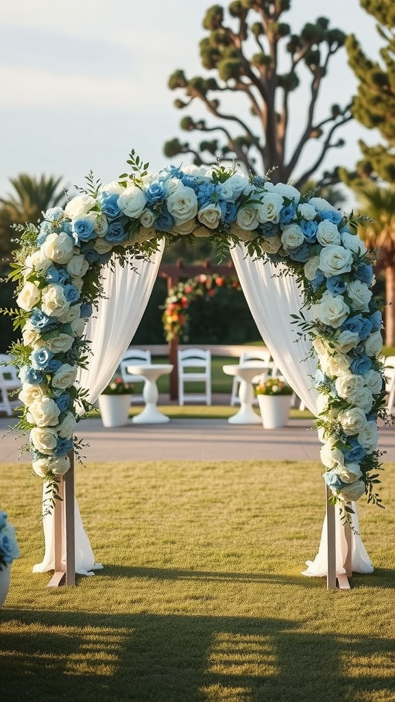 20 Beautiful Dusty Blue Wedding Ideas to Inspire Your Big Day A wedding arch featuring dusty blue roses and white drapes set in a grassy area with chairs arranged for guests.