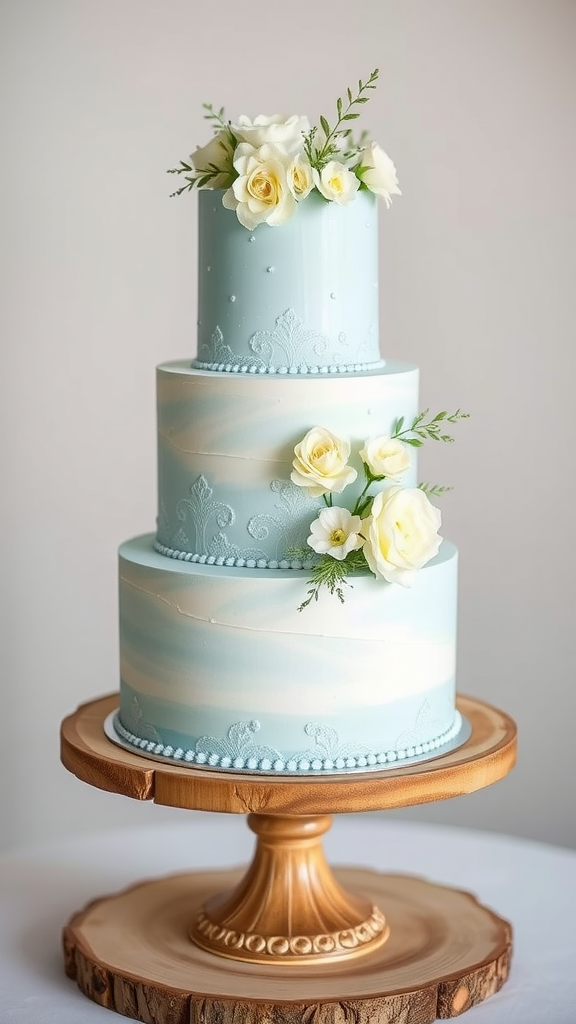 20 Beautiful Dusty Blue Wedding Ideas to Inspire Your Big Day A three-tier dusty blue wedding cake decorated with white roses and greenery on a wooden cake stand.
