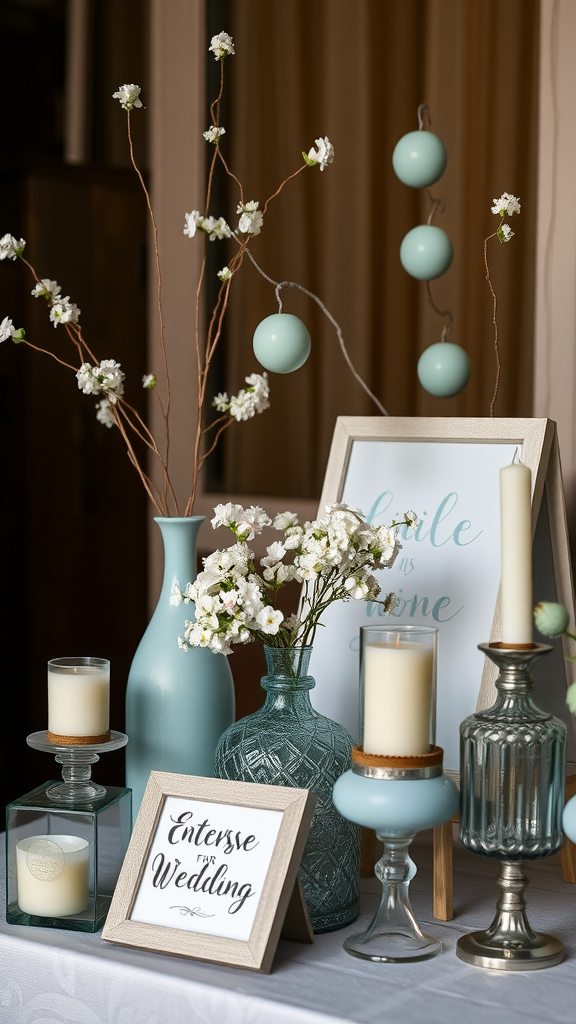 20 Beautiful Dusty Blue Wedding Ideas to Inspire Your Big Day Decor setup featuring dusty blue vases, candles, and floral arrangements for a wedding.