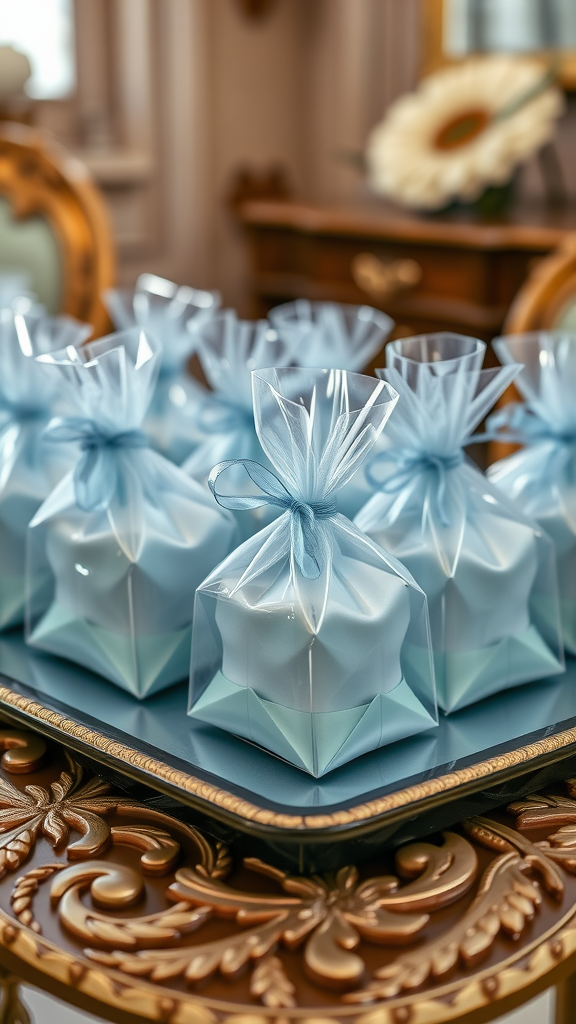 20 Beautiful Dusty Blue Wedding Ideas to Inspire Your Big Day Dusty blue wedding favors wrapped in translucent bags on a decorative tray.