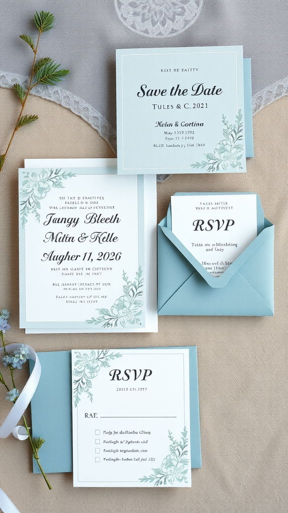 20 Beautiful Dusty Blue Wedding Ideas to Inspire Your Big Day Dusty blue wedding stationery including invitations and RSVP cards with floral designs.