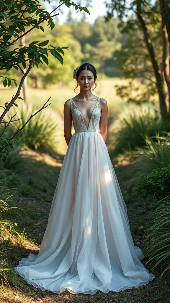 35 Earth Tone Wedding Ideas That'll Make Your Guests Go 'Wow!' (Don't Miss #10!) Bride in a flowing gown standing in a natural setting with greenery.