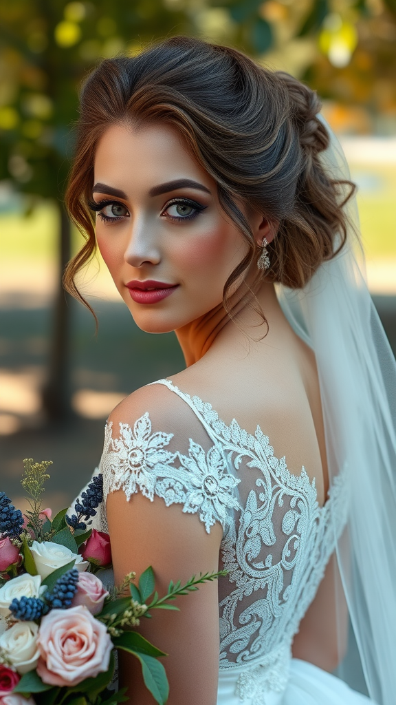 35 Earth Tone Wedding Ideas That'll Make Your Guests Go 'Wow!' (Don't Miss #10!) A bride with elegant hair and makeup, holding a bouquet, set in an outdoor environment