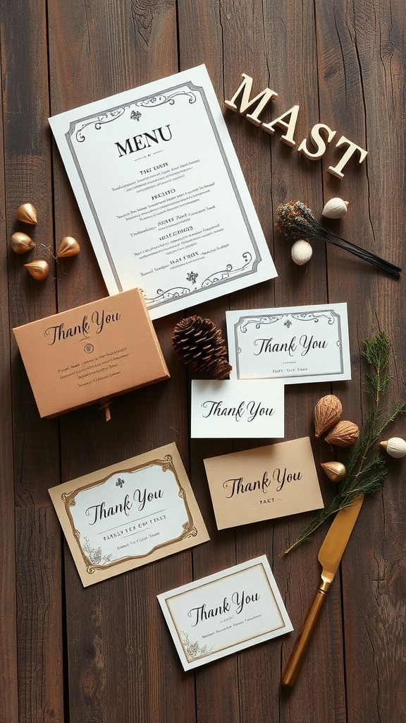 35 Earth Tone Wedding Ideas That'll Make Your Guests Go 'Wow!' (Don't Miss #10!) A collection of earth tone wedding stationery including a menu and thank you cards, arranged on a wooden surface with natural decor.