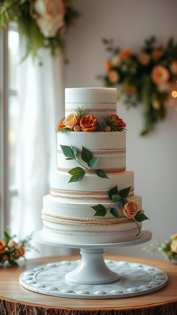 35 Earth Tone Wedding Ideas That'll Make Your Guests Go 'Wow!' (Don't Miss #10!) An elegant multi-tiered wedding cake with earth tone colors and floral decorations.